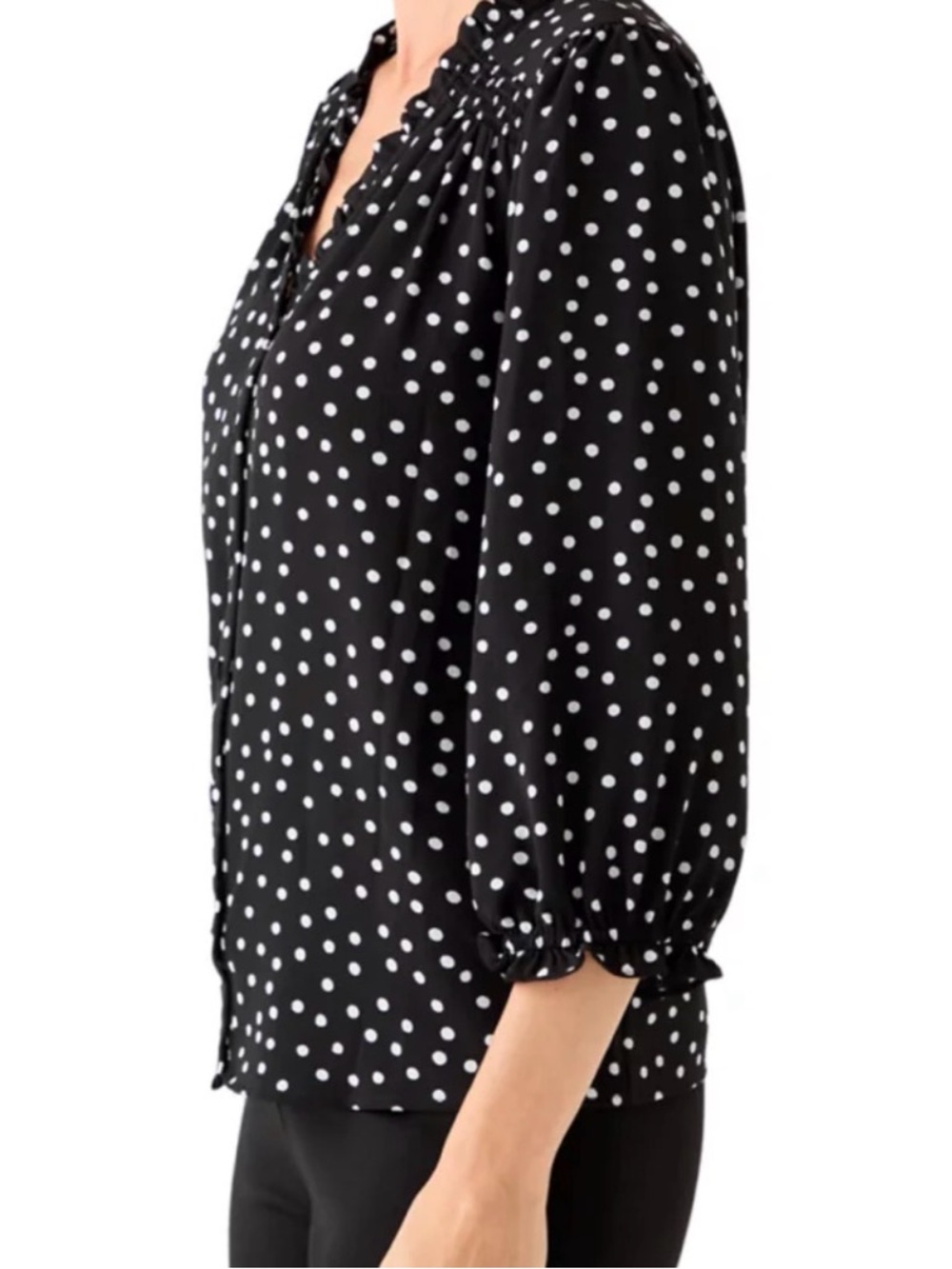 CeCe XL Women's 3/4 Sleeve Printed Split Neck Polka Dot Blouse w/ Button Front - Picture 3 of 7